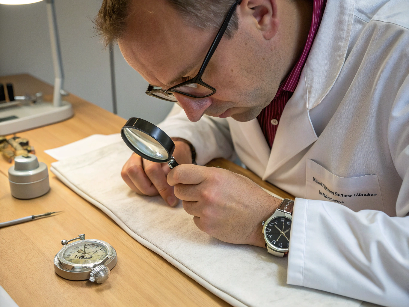 Master horologist performing microscopic optical inspection on watch components
