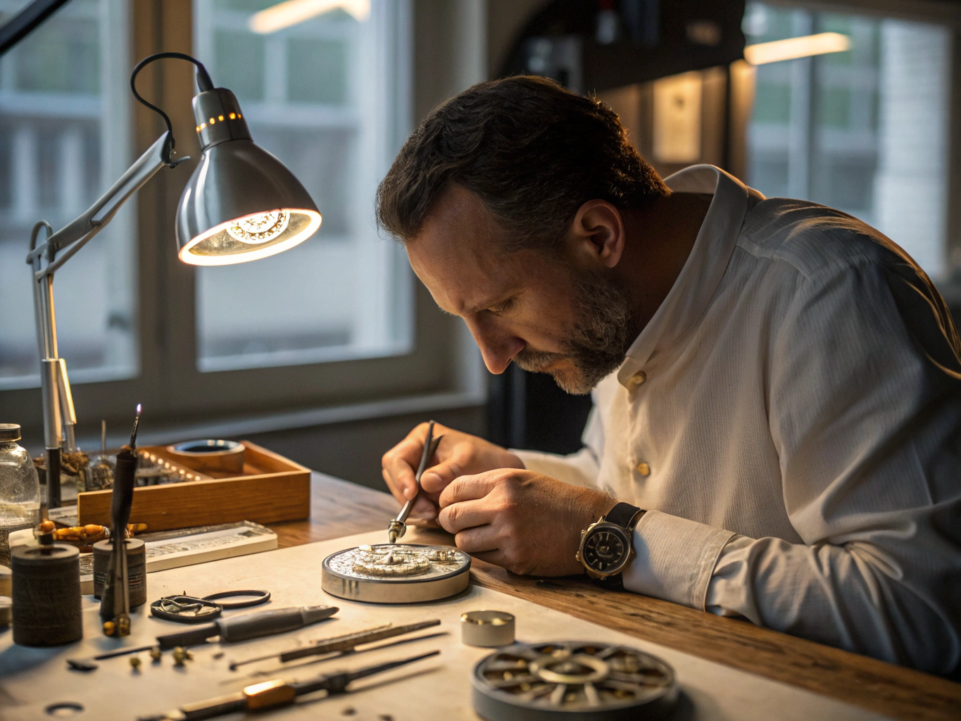 Swiss Alpine landscape with precision mechanical watchmaking workbench