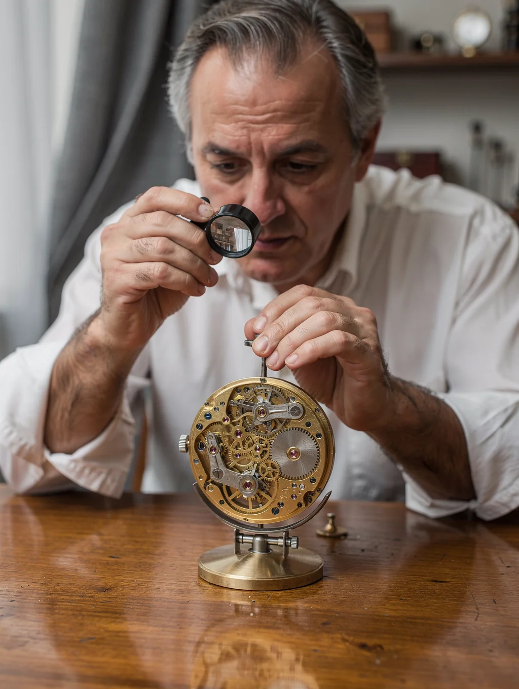 Master watchmaker inspecting Swiss watch movement components under microscope
