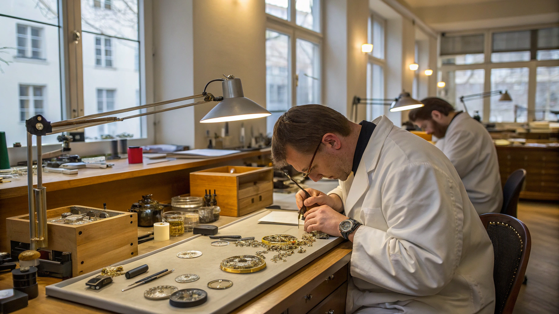 Horological assembly bench with optical micro-tooling and balance wheel calibration devices